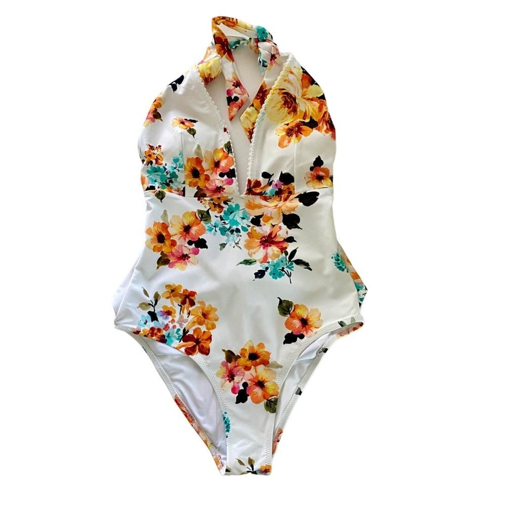Cupshe  Floral Print One Piece Halter Tie Waist Swimsuit Women's Small NEW NWT - Picture 6 of 11